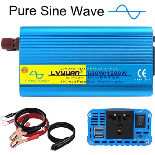 600W/1200W Pure Sine Wave Inverter DC 12V/24V to AC 220V 230V 50Hz/60Hz Voltage Converter Universal Socket Car Cigarette Lighter