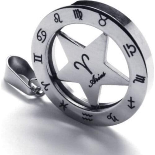 Vintage 316l Stainless Steel 25mm Round Circle Star 12 Zodiac Aries Pendant Necklace Jewelry With Bead Chains