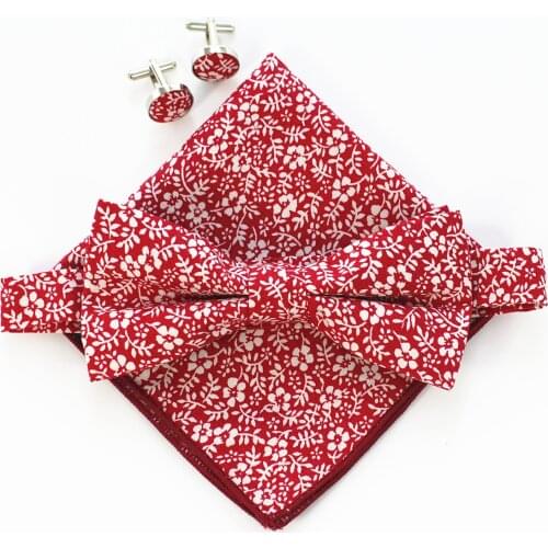 GUSLESON Classic Mens Print Bowtie Pocket Squares and Cufflinks Set Man Bow Tie For Bussnis Wedding Vintage Hanky Necktie Suit