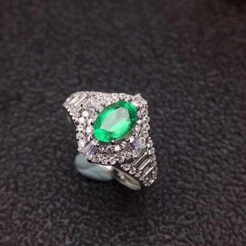 Natural green emerald gem Ring Natural gemstone ring S925 silver trendy luxurious rhombic ladder women girl party gift Jewelry