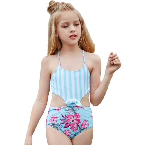 Baby Girls 1Piece Swimsuit Sexy Stripe Flower Pattern Cross Spaghetti Strap Hollow Out Swimwear Beach Pool Sportswear