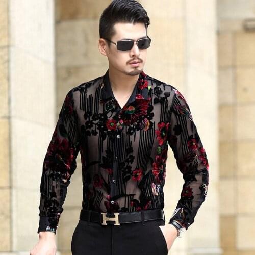 Man Silk Shirt Hollow Floral Dress Shirts Male Sexy See Through Shirt Transparent Clothes Long Sleeved