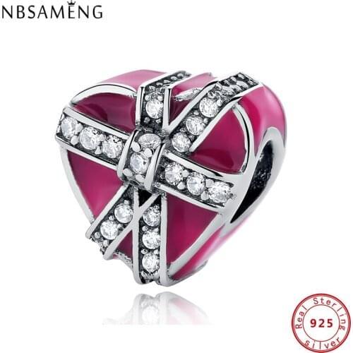 Authentic 925 Sterling Silver Beads Crystal Magenta Present of Love Charm Fit Original Bracelets & Bangles DIY Jewelry