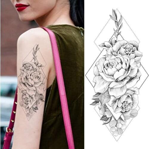 Realistic Waterproof FlowerTemporary Tattoos Stickers Geometri Black Peony Lily Tattoo Body Art Rose Fake Tatoo
