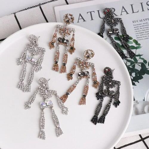 Minar Hip Hop 3 Styles Black White Black Color Cartoon Skeleton Dangle Earrings for Women Full Shiny Rhinestone Earrings Jewelry