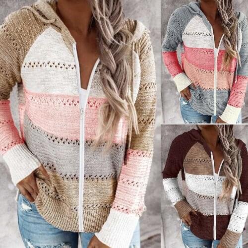 Fall Winter Women Zipper Up Loose Hooded Sweater Striped Color Block Hollow Out Cardigan Outerwear Femme Korean Warm Sweatshirt