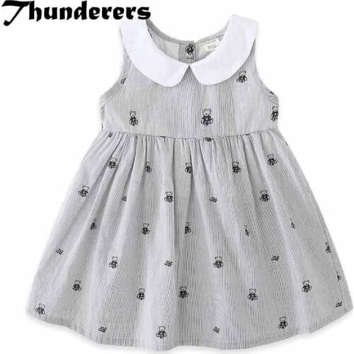 Thunderers Doll Collar Sleeveless Kids Dress For Girl Geometric Cartoon Grey Beach Dress Toddler Baby Clothes Size 24M-6Y