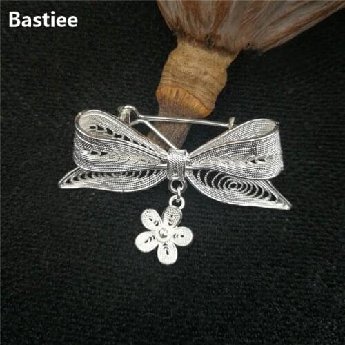 Bastiee 999 Sterling Silver Brooch Women Bowknot Pins Luxury Fine Jewelry Dangle Brooches Elegant Pin Gift Mother Girlfriend