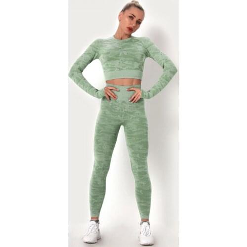 Seamless Gym Sports 2Pcs Yoga Set Suit Women Seamless Leggings Push Up Crop Top Women Long Sleeve Top Workout Clothes Sportswear