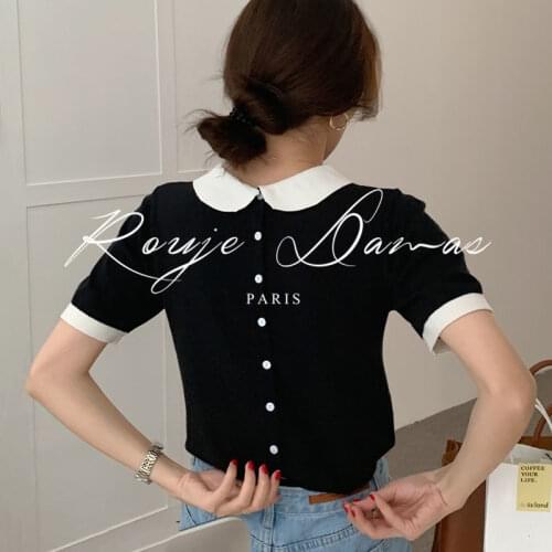 Korobov Vintage Hit Color Patchwork Peter Pan Collar Women Pullovers Back Single Breasted Slim Sweaters Autumn Elegant Jumper