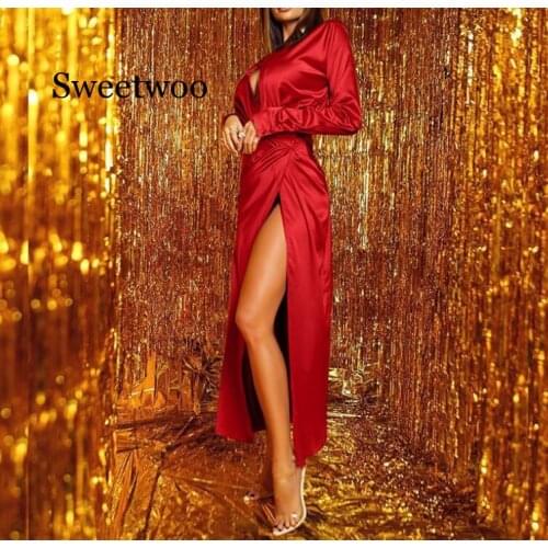 2020 New Spring Neon Satin Red Lace Up Women Bodycon V-neck Long Dress Long Sleeve Elegant Party Outfits Sexy Club Clothes