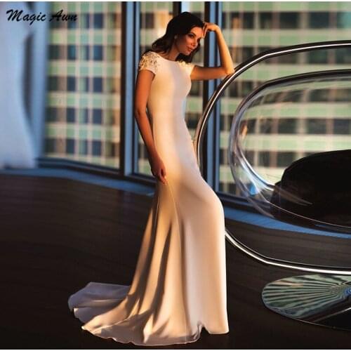 Magic Awn Modest Satin Mermaid Wedding Dresses 2021 Beaded Cap Sleeves Backless Beach Mariage Gowns Simple Vestidos De Novia