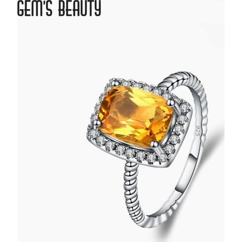 GEMS BEAUTY 925 Sterling Silver Ring For Women with Milgrain Emeraldcut Natural Citrine Handmade Solitaire Ring