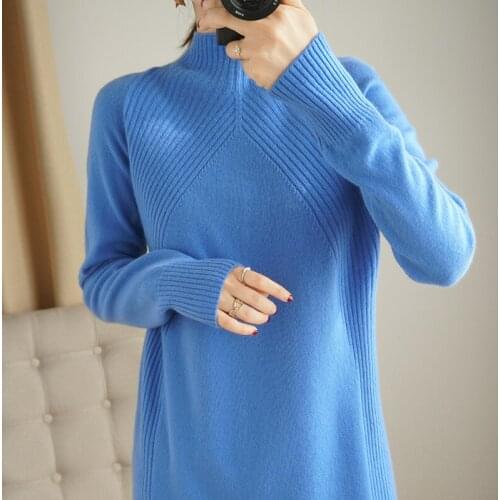 2021 100% wool ladies high neck pullover mid-length sweater long sleeve solid color all-match casual cashmere base sweater