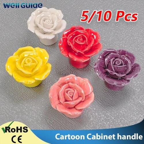 5/10Pcs Rose Cartoon Children Room Ceramic Cabinet Knobs Moon Star Wardrobe Handle Garden Door Handle Cabinet Handles for Kids