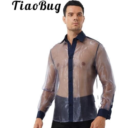 Men Shiny See-through Organza Shirt Turn-down Collar Long Sleeve Button Down Shirts Tops Party Club Stage Performance Costume