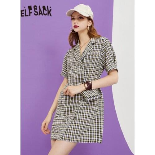 ELFSACK Plaid British High Waist Casual Vintage Dresses Women,2021 Summer Short Sleeve Korean Ladies Feminism Dress