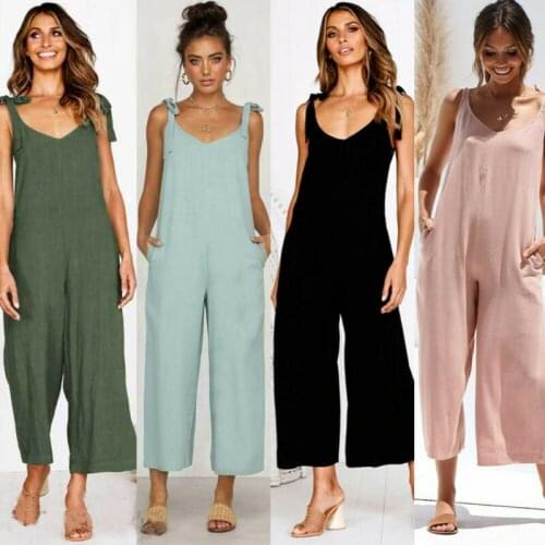 Women Fashion V Neck Loose Jumpsuits Casual Linen Sleeveless Suit Sexy Open Back Trousers Daily Slim Elegant Wide Leg Pants