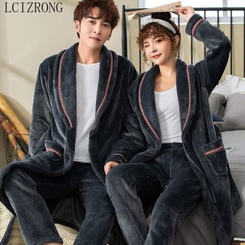 Autumn Pajamas Set Men Thickened Warm Robe Suit Long Flannel Nightgown Lover Man Female 2 Piece Bathrobe Couple