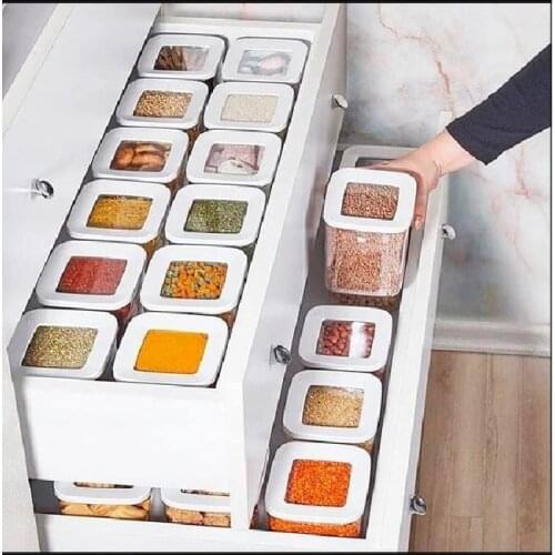 12Li Legumes Storage Container Kitchen Food Container Set Square Box Vacuum Transparent Air-Proof Organizer Pasta Tea Sugar Rice