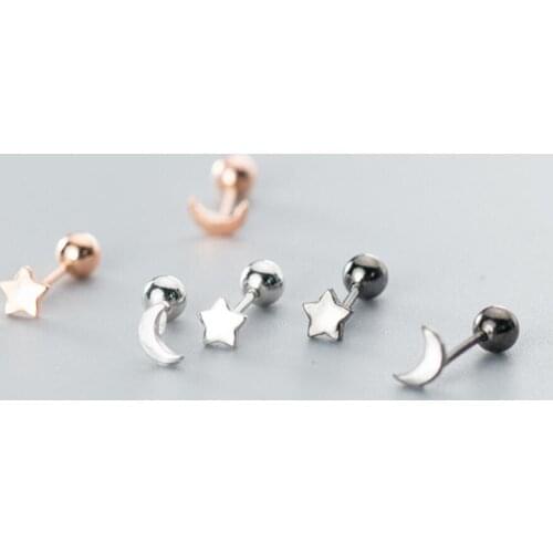 TINY Moon Star 925 Sterling Silver Screw Back Heilx Traugs Stud Earrings A1446