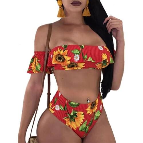 Sunflower Bikini Set High Waist Swimwear Womens Push Up Swimsuit 2021 Summer Off Shoulder Bathing Suits Floral Biquini Beachwear