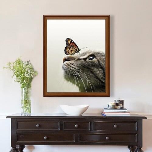 Minimalist Black and White Cat Kissing Butterfly Poster and Prints Animal Print Canvas Painting Wall Art Picture for Living Room