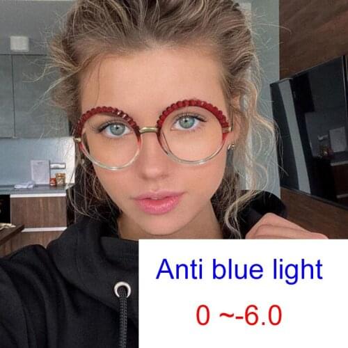Glasses Womens Nearsighted 0 to -6.0 Diopters Anti Blue Light Computer Round Frame Glasses Myopia Red Gradient Eyeglasses Bril