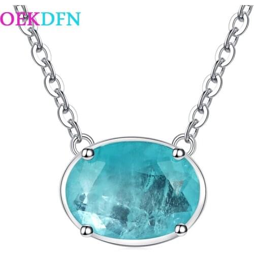 OEKDFN 100% 925 Sterling Silver Necklace Oval Cut Paraiba Tourmaline Emerald Gemstone Wedding Pendent Necklaces Fine Jewelry