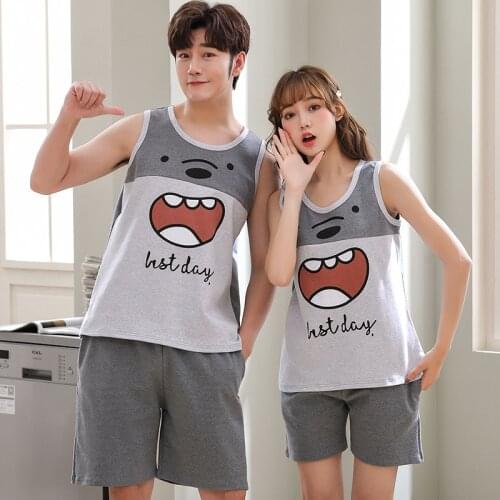 Couple Pajamas Set Summer Men And Women Sleeveless Pyjamas Vest Lovers Cat Sleepwear Plus Size 3XL 4XL Nightwear Home Clothing