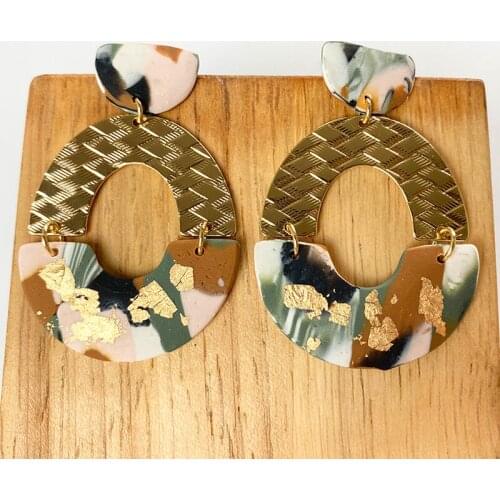 Origin Summer Trendy Morandi Geometric Marble Polymer Clay Pattern Dangle Earring for Women Hollow Out Asymmetry Earring Jewelry