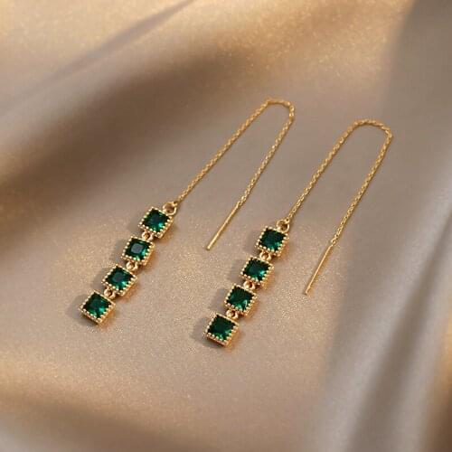 Origin Summer Unique Design Green Square Geometric Dangle Earring for Women Long Tassel Rhinestone Earring Jewelry Pendientes