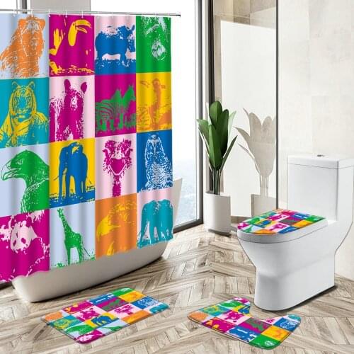 Colorful Cartoon Animal Shower Curtain Tiger Elephant Panda Zebra Fun Design Child Bathroom Decor Rug Toilet Cover Bath Mat Set