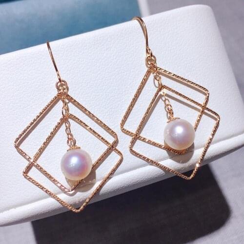 MADALENA SARARA AAA 8-9mm Freshwater Pearl Natural White 18K Gold Dangle Square Earrings