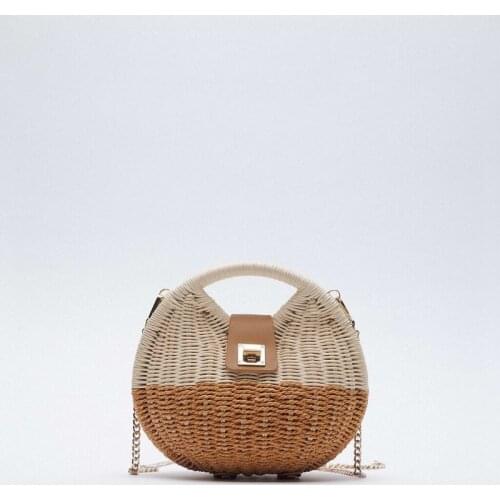 TOBO 2021 New ZA Hit Color Rattan Woven Bag Shell-shaped Summer Beach Round Straw Woven Tote Chains Purses and Handbags