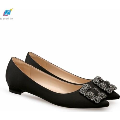 Black Satin Cloth Flats Shoes Woman Basic Sequined Rhinestones Crystal Diamond Buckle Flats Fashion Bridal Shoe Work Women Shoes