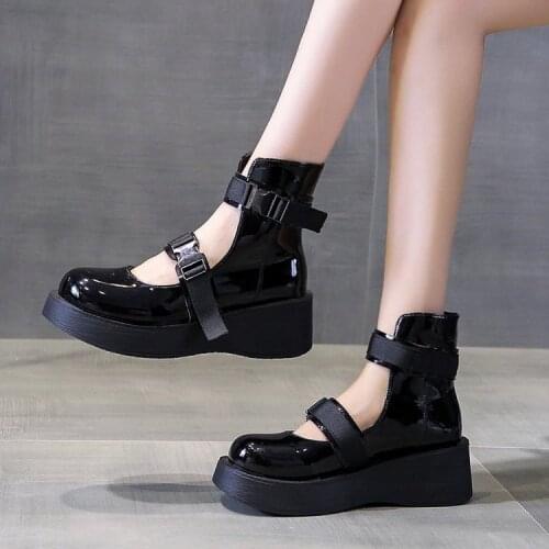 Lolita Shoes Buckle Ankle Strap Platform Shoe Women Patent Leather Thick Sole Punk Hollow Outs Retro Motorcycle boot Girls