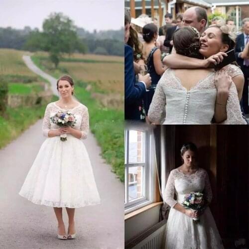Vestido De Nova 2020 Modern Lace Wedding Dresses Tea Length Long Sleeves Back Cover Button Plus size Beach Wedding gown