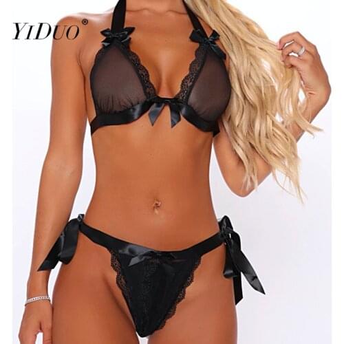 YiDuo Bowknot Satin Mesh Sexy Lingerie Underwear Set Woman Exotic Apparel Lace Up Halter Sexy Bra Lenceria Sensual Mujer Black