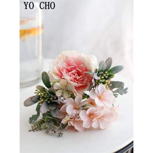 YO CHO Artificial Flower Silk Camellia Rose Hydrangea Twigs Fake Flowers Mini Bouquet Garden Wedding Wall Home Party Decoration