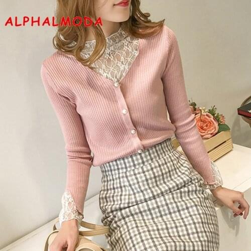 ALPHALMODA Sexy Lace Patchwork Sweater Single Breasted Slim Women Sweet Lace Jumper V-neck Graceful Fall Winter Knitted Top