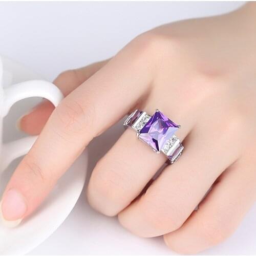 Silver Plated 925 Jewelry Luxury Zircon Wedding Engagement Ring Purple Color Ring for Women Anillos Mujer Anel