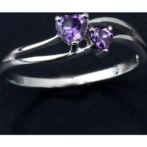 Pure 925 Sterling Silver Ring Womens Exquisite Two-heart Purple CZ Elegant Jewelry R658