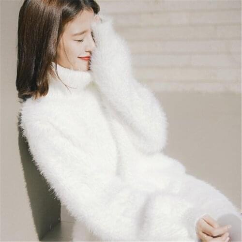 Fall Winter Knitwear Lazy Sweet Loose High-Neck Imitation Mink Velvet Sweater Women Mid-Length Hedging Thick Knitted Dress y1464