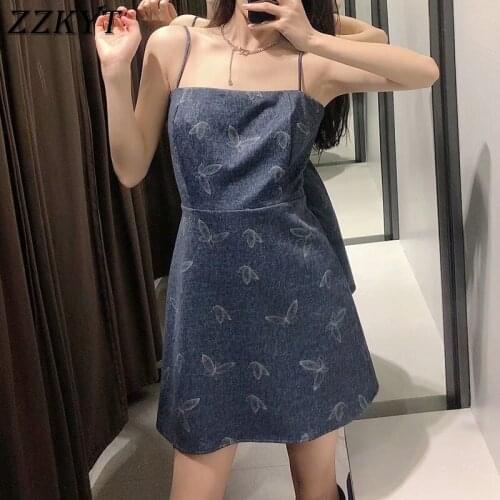 ZZKYT 2021 Women Summer Fashion Denim Print Mini Dress Vintage Slim Square Collar Backless Tin Tie Straps Female Party Dresses
