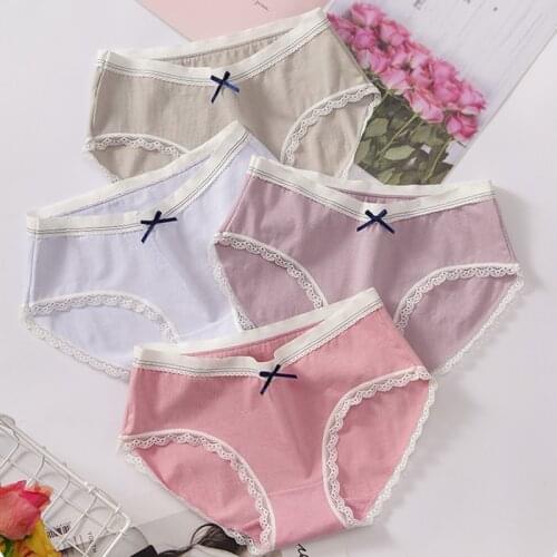 3PCS/Set Womens Underwear Cotton Panty Sexy Lace Panties Female Underpants Solid Color Bow Panty Intimates Women Lingerie L-XXL