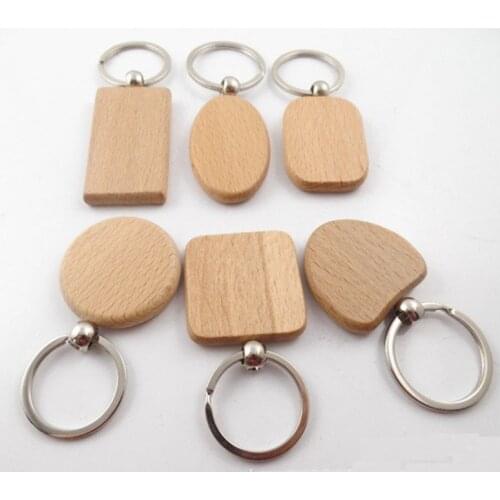 50pcs DIY Blank Wooden Key Chain Rectangle Heart Round Ellipse Carving Keyring Wood