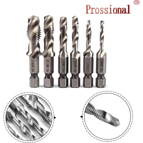 6pcs M3-M10 Screw Tap Drill Bits Hss Taps Countersink Deburr Set Metric Combination Bit High Speed Steel 1/4 IN Quick Change