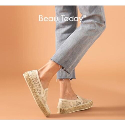 BeauToday Casual Shoes Women Cow Leather Lace Mesh Metal Decoration Beads Woven Straw Summer Female Espadrilles Handmade 23427