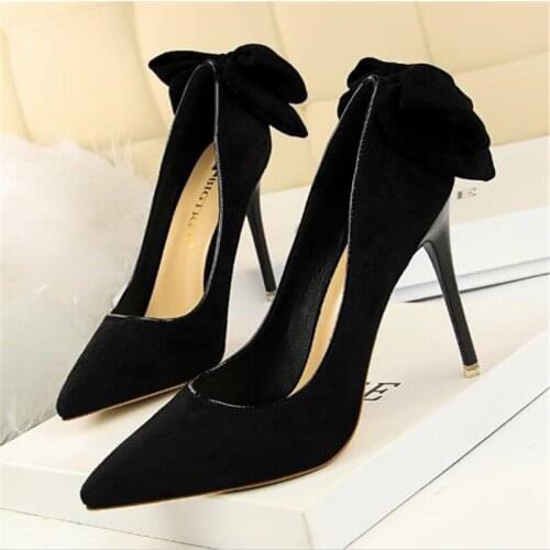 BIGTREE 2019 New Korean Womens High Heels Suede Shallow Mouth Pointed Sexy Nightclub Was Thin After Bow Women Shoes